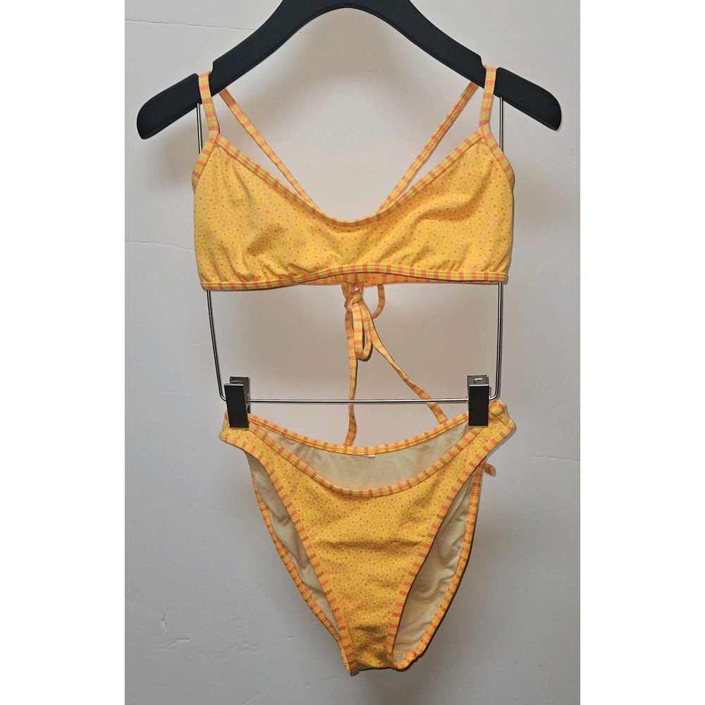Vintage Reversible Yellow Orange Floral Stripe Bikini Set L Bralette High-cut